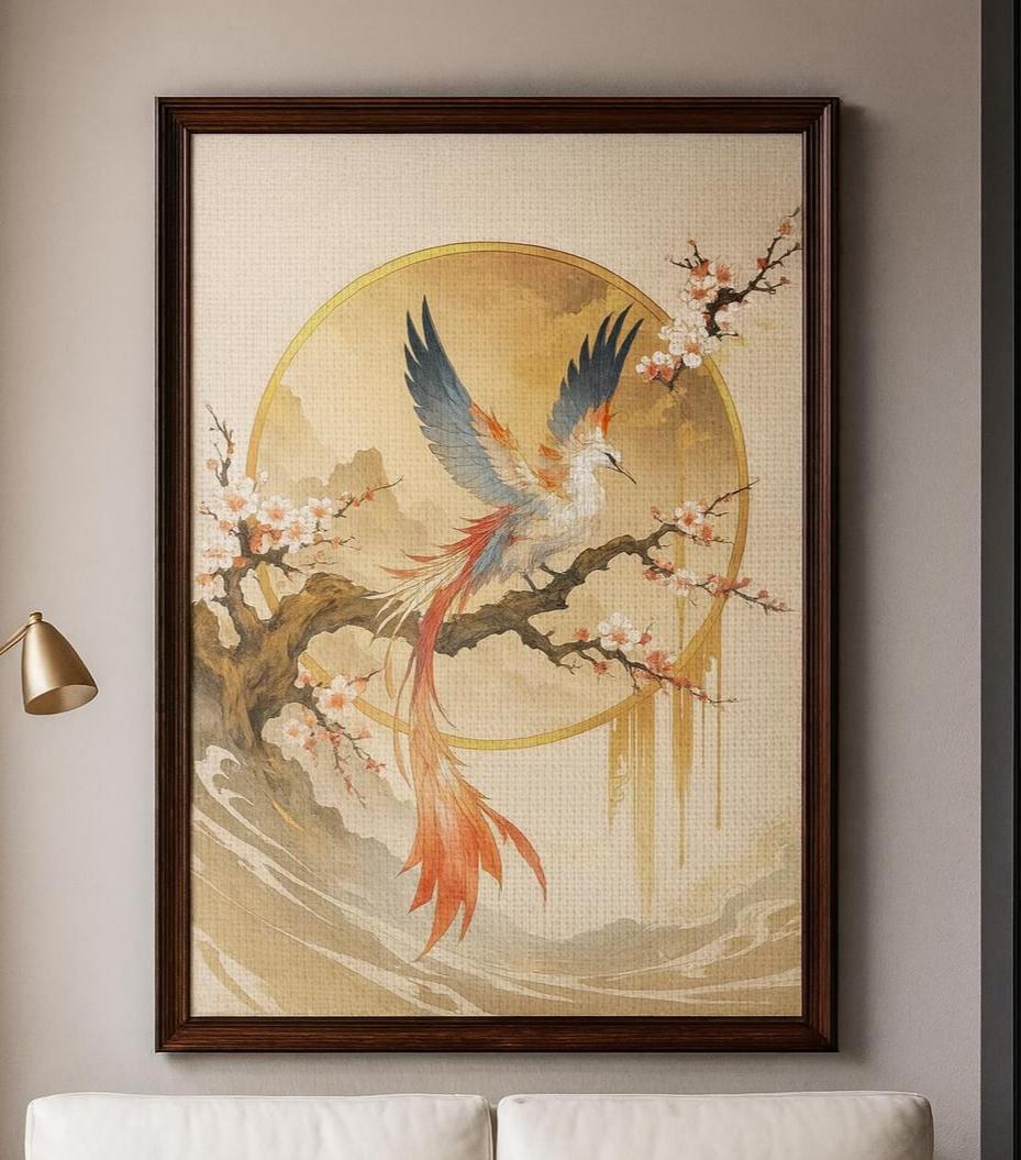 Japanese Phoenix Canvas Art: Celestial Bird & Cherry Blossom Tree