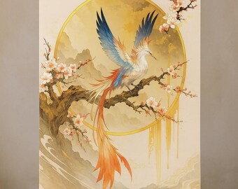 Peut inclure: Impression d'art encadrée représentant un phénix coloré perché sur une branche fleurie. L'oiseau a des ailes bleues et blanches et une longue queue orange, sur fond de soleil doré et de fond crème.