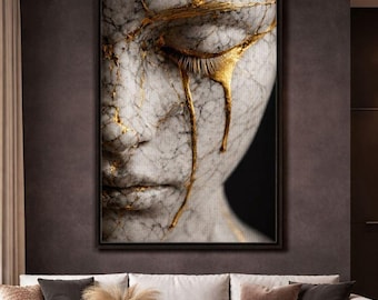 Kintsugi Marble Tears Framed Canvas | Zen Wall Art | Modern Gold Crack Portrait |