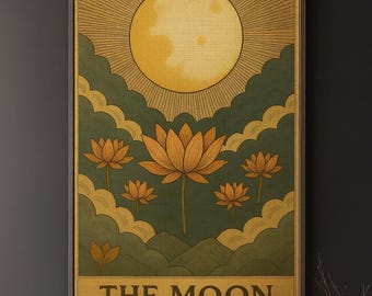 Moon Vintage Lotus Tarot Framed Canvas | Boho Wall Art | Mystical Celestial Decor | Spiritual Gift
