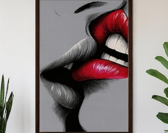 Lienzo enmarcado "Beso sensual": Ilustración atrevida en blanco y negro