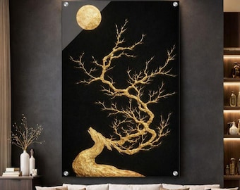 Acrylprint Gouden hert en maan | Zwart-gouden natuurkunst