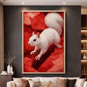 Könnte beinhalten: Ein gerahmtes Kunstwerk mit einem weißen Eichhörnchen vor einem leuchtend roten Hintergrund. Das Eichhörnchen ist realistisch dargestellt, mit detailliertem Fell und roten Augen. Das Kunstwerk ist in einem hellen Holzrahmen gefasst, was einen warmen Akzent setzt.