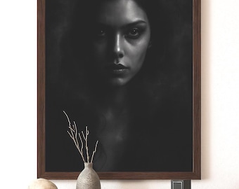 Retrato gótico femenino: lienzo enmarcado en blanco y negro