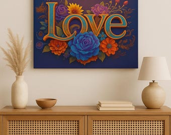 May include: A canvas print with the word "LOVE" in large, stylized, teal letters with orange outlines. The letters are surrounded by a variety of colorful flowers, including blue roses, orange flowers, and purple flowers.