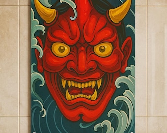 Japanische Oni Maske Acrylbild | Irezumi Dämon Wanddekoration