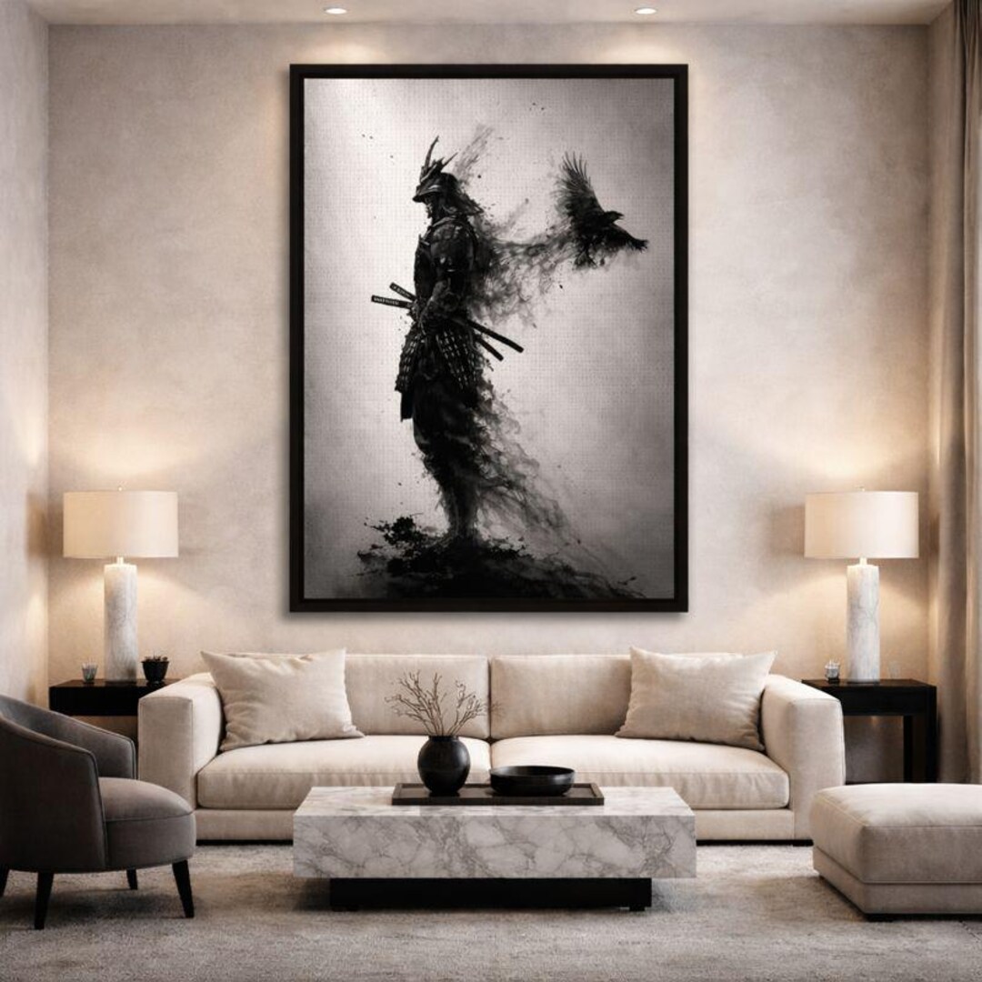 Shadow Samurai Framed Canvas | Japanese Ink Warrior Wall Art - Etsy
