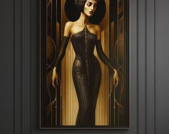 Golden Art Deco Goddess Framed Canvas | Futuristic Femme Silhouette Modern Glam Wall Art