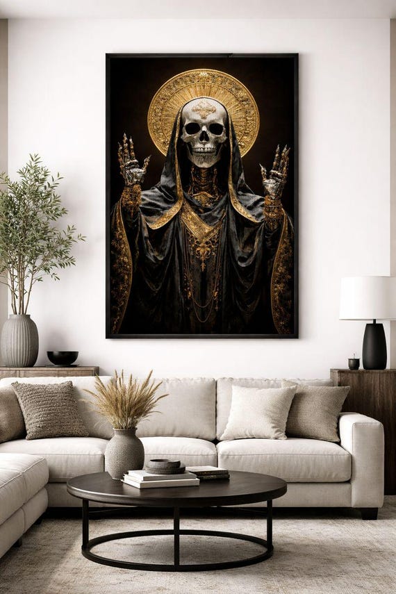 drdfrnt art skul art 部屋に　インテリア　カルフォルニア Golden Death Saint Framed Canvas | Gothic Skull Deity Wall Art