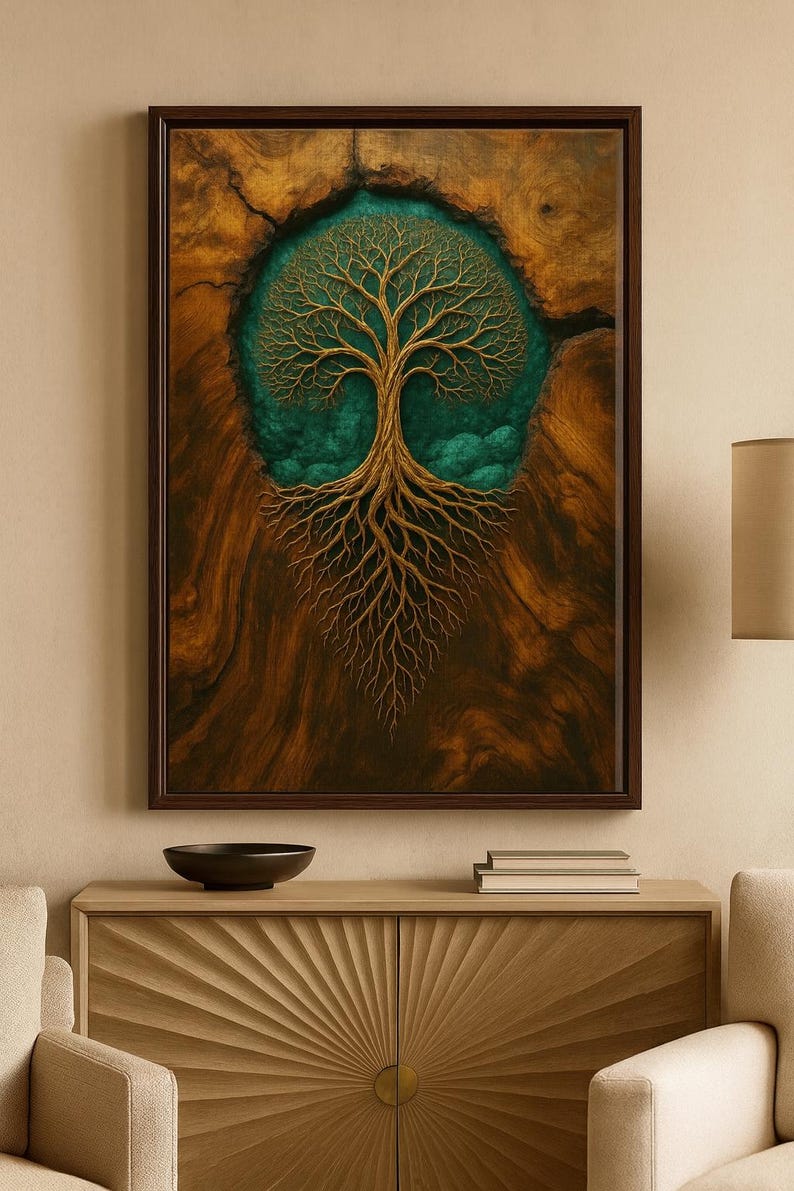 Golden Tree of Life Framed Canvas | Wood & Turquoise Style Wall Art - Etsy