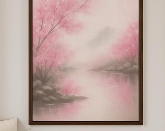 Körsbärsblomslugn | Canvastavla med japanskt sakuraträd | Lugn rosa flodvägg