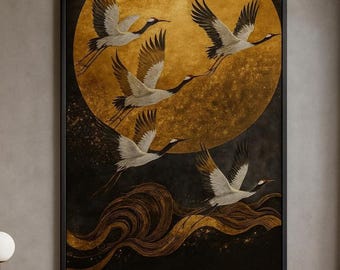 Arte de grulla japonesa: Luna dorada, decoración de pared con lienzo enmarcado oriental