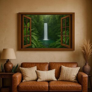 Könnte beinhalten: Ein brauner Holzrahmen mit einem Bild eines Wasserfalls in einem üppigen grünen Wald. Der Rahmen hängt an einer braunen Wand über einem braunen Ledersofa mit Kissen.
