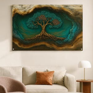 Könnte beinhalten: Ein gerahmtes Kunstwerk, das einen stilisierten Baum mit türkisfarbener Baumkrone und einem komplizierten Wurzelsystem zeigt. Der Baum ist vor einem türkis-braunen Hintergrund platziert und von einem strukturierten, holzähnlichen Rahmen umgeben. Das Kunstwerk ist an einer Wand über einem beigen Sofa angebracht.