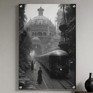 May include: Black and white art print of a vintage train traveling through a lush, tropical landscape. The scene includes a large domed building, palm trees, and figures in period clothing, creating a nostalgic atmosphere.