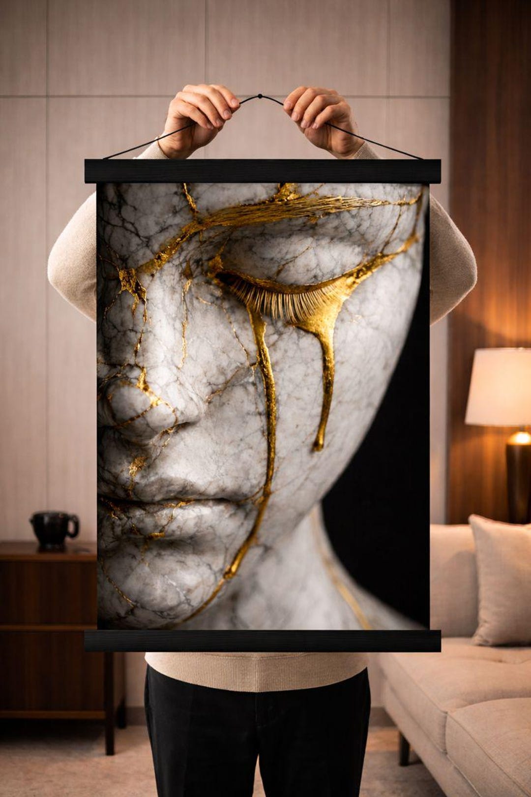 Kintsugi Marble Tears Poster With Hanger | Modern Zen Wall Art | Gold ...