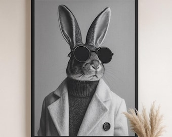 Bunny Boss Framed Canvas | Modern Monochrome Animal Wall Art | Stylish Rabbit Portrait with Sunglasses