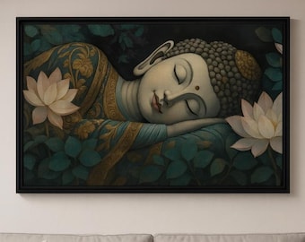 Golden Serenity Reclining Buddha | Lotus Blossom Wall Art | Zen, Spiritual, Tranquil Canvas Print