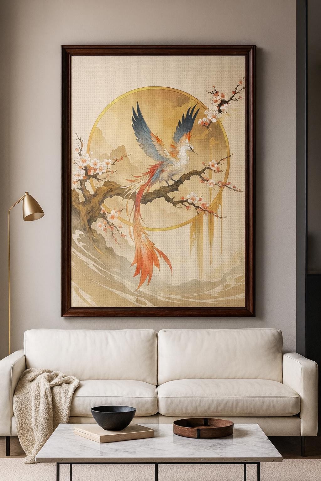 Japanese Phoenix Canvas Art: Celestial Bird & Cherry Blossom Tree