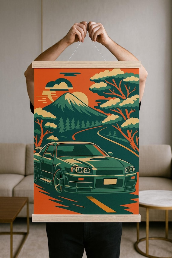Nissan Skyline R34 Mountain Road Retro Poster With Hanger | JDM