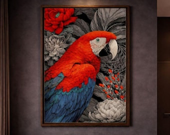 ベニコンゴウインコ ― オリジナル色鉛筆画、熱帯の鳥のイラスト、30