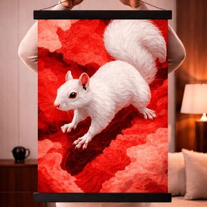 Könnte beinhalten: Kunstdruck eines weißen Eichhörnchens auf rotem Hintergrund. Das Eichhörnchen hat einen flauschigen Schwanz und ist vor einem strukturierten, wolkenartigen Hintergrund platziert. Der Druck wird von einem schwarzen Holzrahmen mit Aufhängeschnur gehalten.