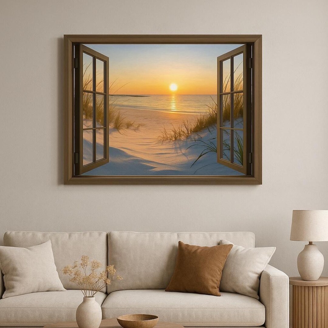Sunset Beach View Canvas Art - Coastal Wall Decor - Open Window Design ...