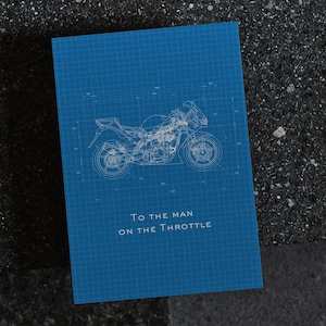 Modelo de cartão com planta de motocicleta para ele | Cartão Canva editável para amantes de moto | Cartão de Dia dos Pais, Aniversário e Agradecimento para homens