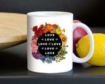 Vintage botanical love quote mug - "Love is love is love" - wedding gift, couple, anniversary gift, gay pride, LGBTQ, coming out