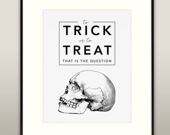 Halloween Skull Art Print - To Trick or to Treat, That is the Question | Minimalist Vintage Halloween Wall Art Poster