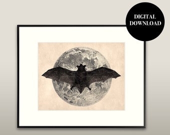 Printable Halloween Bat Art - Spooky Celestial Wall Art | Digital Download, Minimalist Halloween Wall Art Poster