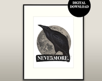 Printable Halloween Text Art - Edgar Allen Poe, the Raven, Nevermore | Digital Download, Vintage Modern Halloween Wall Art Poster