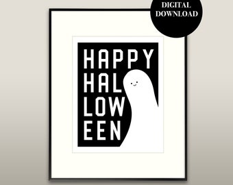 Printable Happy Halloween Ghost Art - Cute Simple Smiling Ghost | Digital Download, Minimalist Halloween Wall Art Poster
