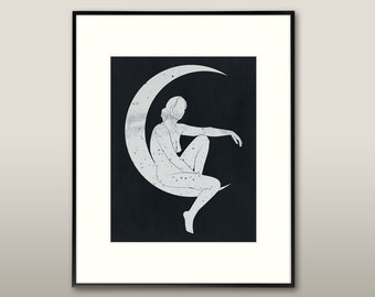 Helene | Celestial Bodies #7b | Minimalist Nude Figure Silhouette | Vintage Moon Constellation Map Portrait | Abstract Modern Line Art Print