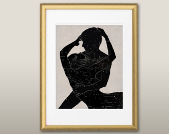 Lovers | Celestial Bodies #6 | Minimalist Nude Figure Silhouette | Vintage Constellation Map Portrait | Abstract Romantic Modern Line Art