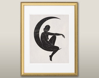 Helene | Celestial Bodies #7 | Minimalist Nude Figure Silhouette | Vintage Moon Constellation Map Portrait | Abstract Modern Line Art Print