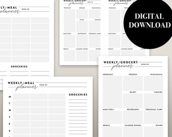 Minimalist Modern Printable Weekly Meal and Grocery Planner - Black and White Meal Planner and Grocery List Instant Download PDF