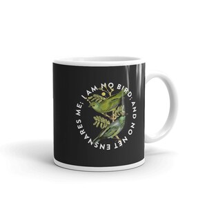 Jane Eyre quote mug: &quot;I am no bird; and no net ensnares me.&quot; - Charlotte Bronte, vintage bird typography illustration