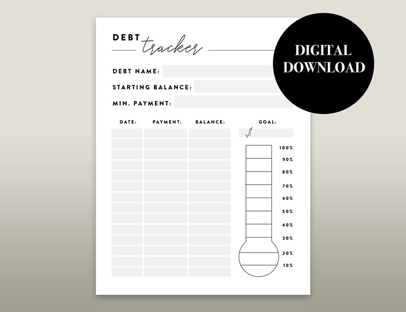 Minimalist Modern Printable Debt Tracker Thermometer Black and White ...