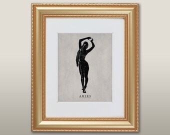 Aries | Zodiac Series, Minimalist Nude Figure Silhouette, Vintage Aries Constellation Map Portrait, Abstract Modern Line Art Print