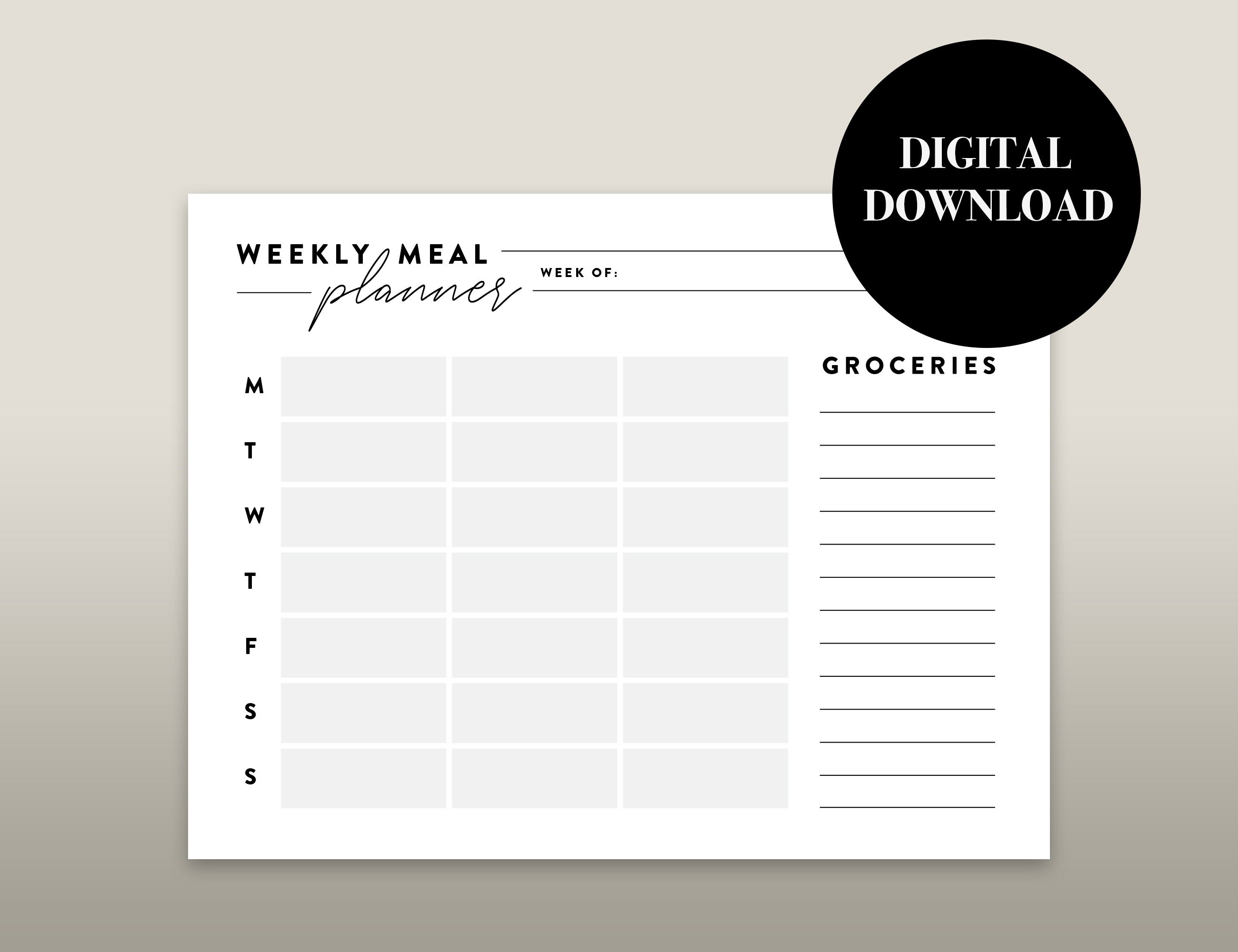 Minimalist Modern Printable Weekly Meal and Grocery Planner - Black and