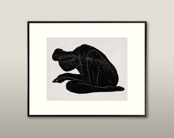 Paloma, horizontal | Celestial Bodies #9c | Minimalist Nude Figure Silhouette | Vintage Constellation Map Portrait | Abstract Line Art