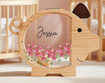 Personalized Wildflower Wooden Piggy Bank for Girls, Name Money Box with Clear Front, Baby Shower Gift, Birthday Gift,Nursery Decor,