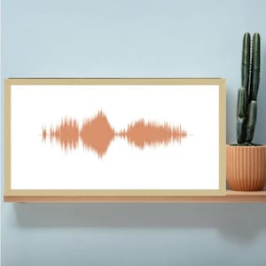 Könnte beinhalten: Ein gerahmter Druck mit einem Schallwellenmuster in Orange- und Weißtönen. Das Kunstwerk befindet sich in einem hellen Holzrahmen und steht auf einem Holzregal. Rechts befindet sich ein Kaktus in einem Terrakottatopf.