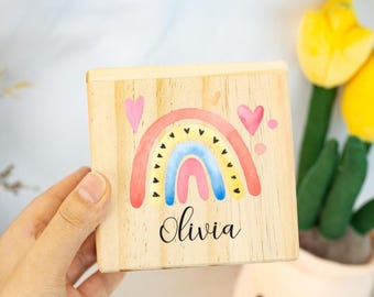 Custom Rainbow Piggy Bank,Personalized Wooden Money Box with Kids Name,Wooden Money Box with Name,,Coin Bank for Children,Christmas Gift