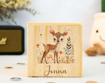 Personlig spargris med djurmotiv, sparbössa med namn för bebisar, sparbössa i trä för barn, sparbössa, födelsedagspresenter till barn, julklapp