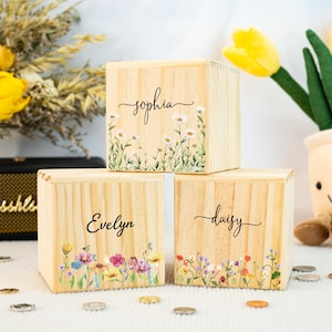 Money Box Flowers, Money Box Girl, Piggy Bank Child, Money Box Name, Wooden Baby Money Box, Personalised Gift, Children Money Box, Money Box