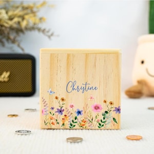 Personalized Name Piggy Bank with Wildflowers, Custom Flower Money Box, Wooden Coin Bank for Baby, Girls Easter Gifts, Baby Birthday Gifts