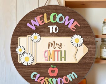 Personalized Teacher Name Back To School Gift, Custom 3D Teacher Door Hanger, Teacher Retro Wood Door Sign, Custom Sign Teacher Welcome Gift