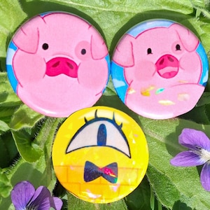 Holographic Bill Cipher Button | 1.25&#39; Gravity Falls Waddles Button | Gravity Falls Pin | Funny Happy Pig Button